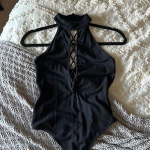 Lace up high neck bodysuit